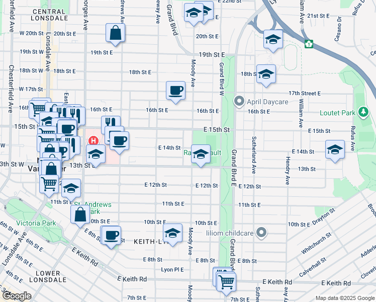 map of restaurants, bars, coffee shops, grocery stores, and more near 1357 Moody Avenue in North Vancouver