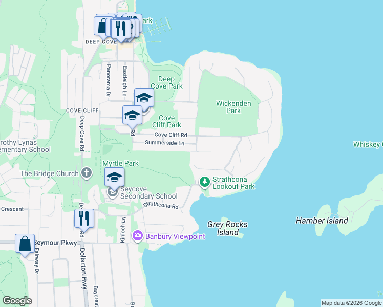 map of restaurants, bars, coffee shops, grocery stores, and more near 4600 Wickenden Road in North Vancouver