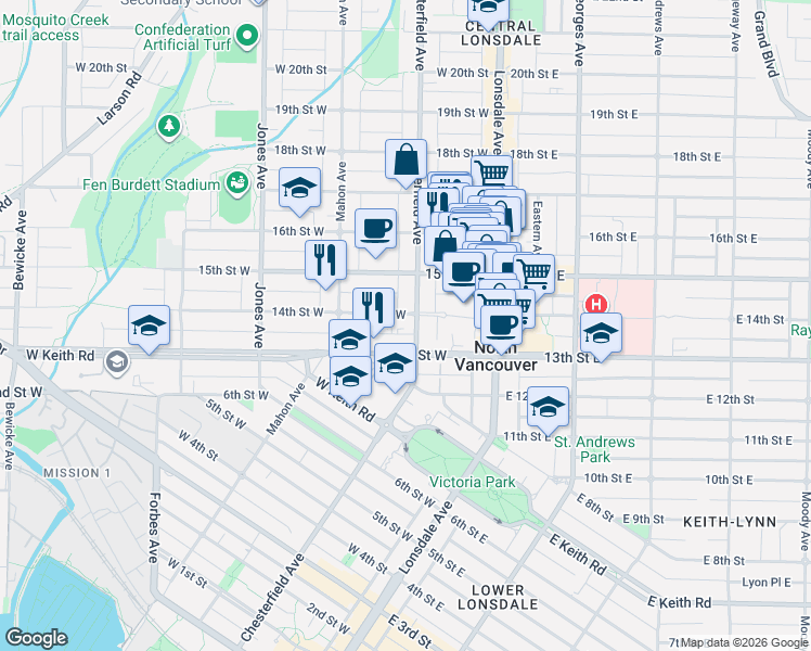 map of restaurants, bars, coffee shops, grocery stores, and more near 1345 Chesterfield Avenue in North Vancouver