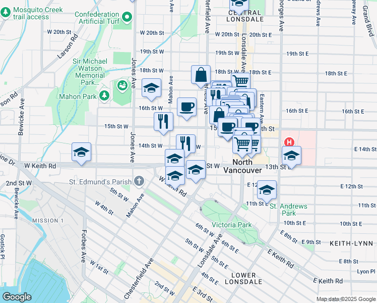 map of restaurants, bars, coffee shops, grocery stores, and more near in Vancouver