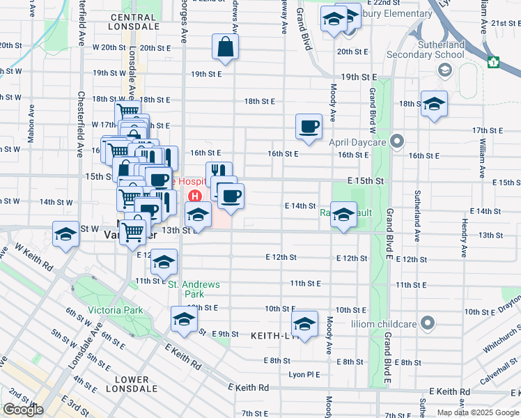 map of restaurants, bars, coffee shops, grocery stores, and more near 341 14th Street East in North Vancouver