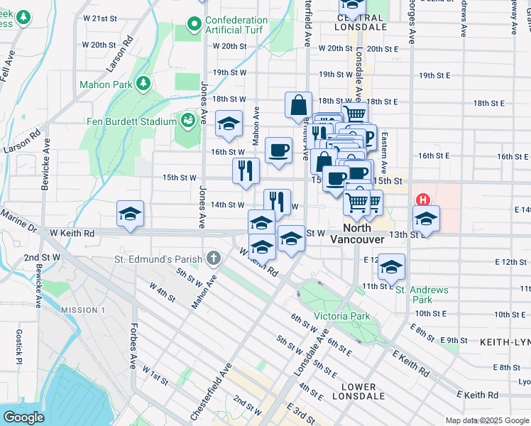 map of restaurants, bars, coffee shops, grocery stores, and more near in Vancouver