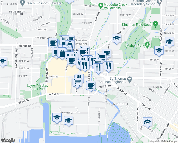 map of restaurants, bars, coffee shops, grocery stores, and more near 318 Fell Avenue in North Vancouver