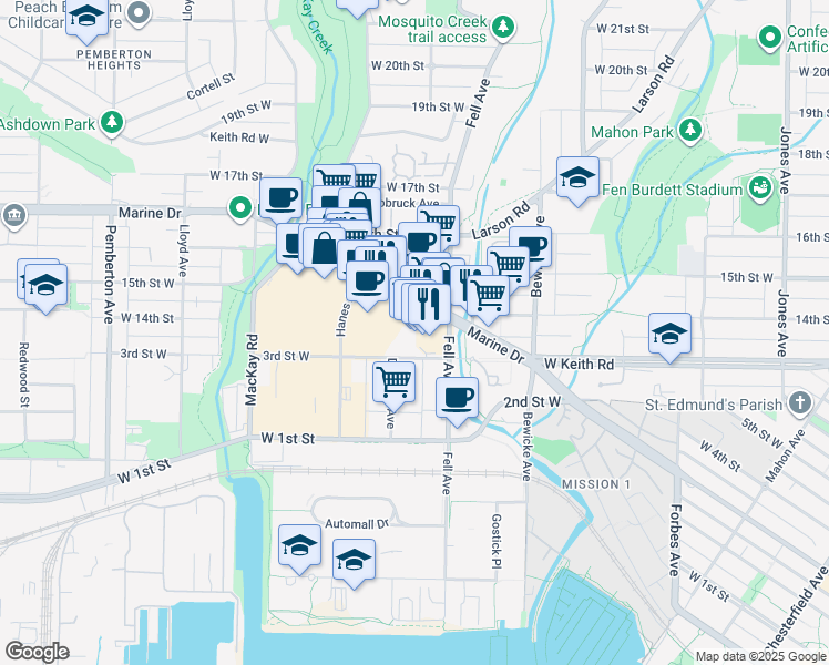 map of restaurants, bars, coffee shops, grocery stores, and more near 845 Marine Drive in North Vancouver