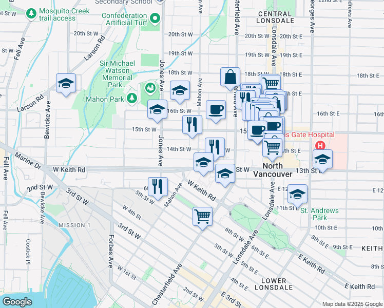 map of restaurants, bars, coffee shops, grocery stores, and more near 309 West 14th Street in North Vancouver