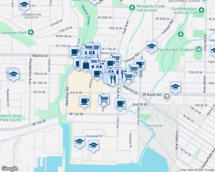 map of restaurants, bars, coffee shops, grocery stores, and more near 845 Marine Drive in North Vancouver