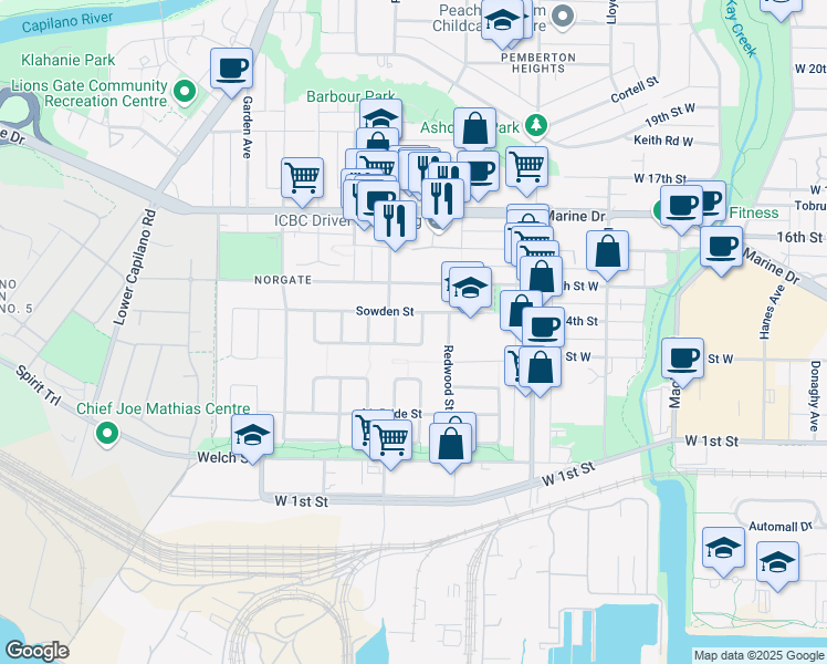 map of restaurants, bars, coffee shops, grocery stores, and more near 1325 Fernwood Crescent in North Vancouver