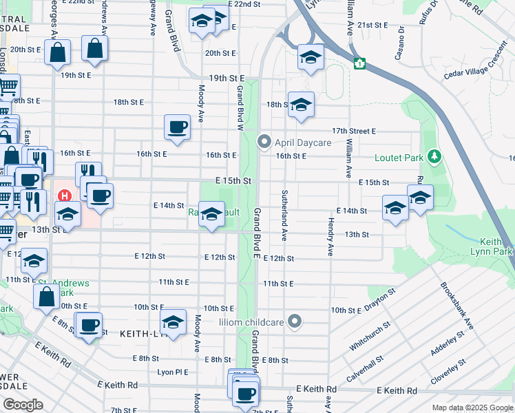 map of restaurants, bars, coffee shops, grocery stores, and more near 509 14th Street East in North Vancouver