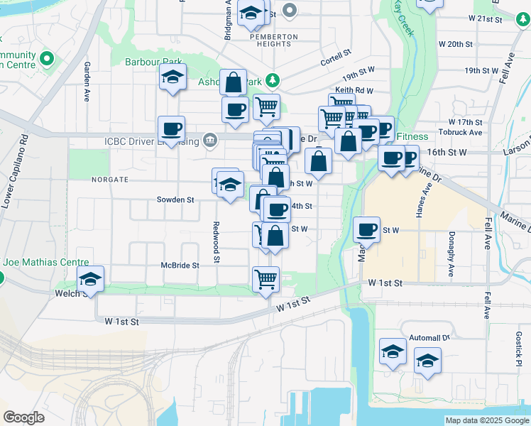 map of restaurants, bars, coffee shops, grocery stores, and more near 1433-B Pemberton Avenue in North Vancouver