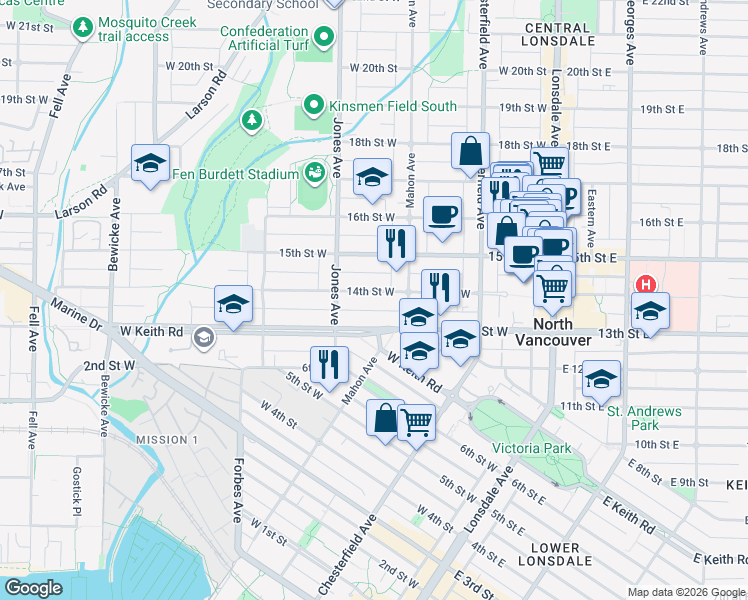 map of restaurants, bars, coffee shops, grocery stores, and more near 331 14th Street West in North Vancouver