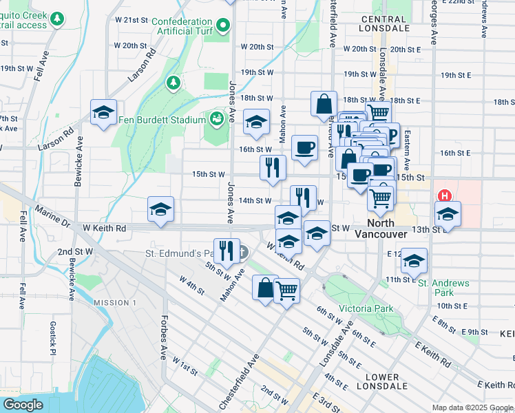 map of restaurants, bars, coffee shops, grocery stores, and more near 331 14th Street West in North Vancouver