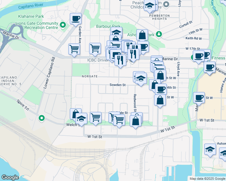 map of restaurants, bars, coffee shops, grocery stores, and more near 1319 Cottonwood Crescent in North Vancouver