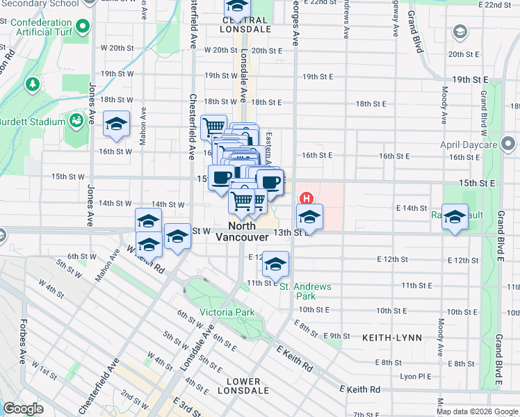 map of restaurants, bars, coffee shops, grocery stores, and more near 125 East 14th Street in North Vancouver