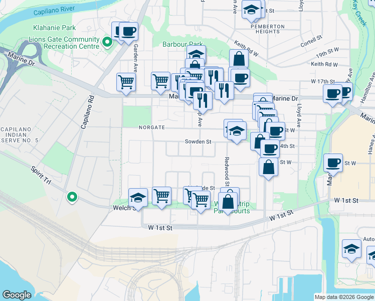 map of restaurants, bars, coffee shops, grocery stores, and more near 1319 Cottonwood Crescent in North Vancouver
