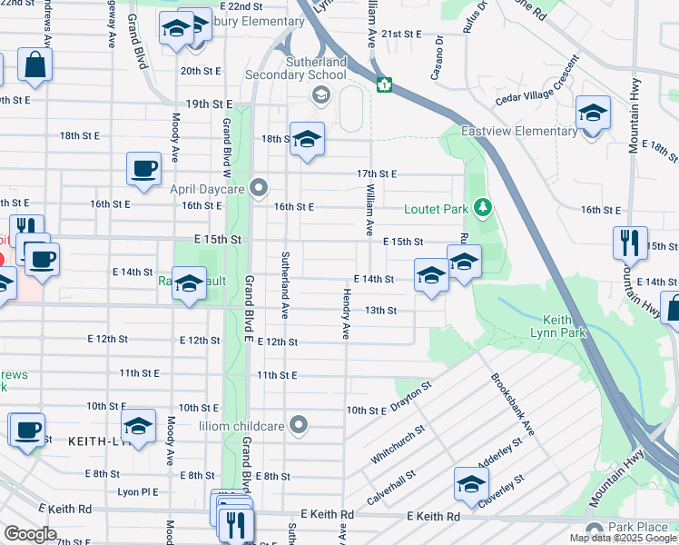 map of restaurants, bars, coffee shops, grocery stores, and more near in North Vancouver