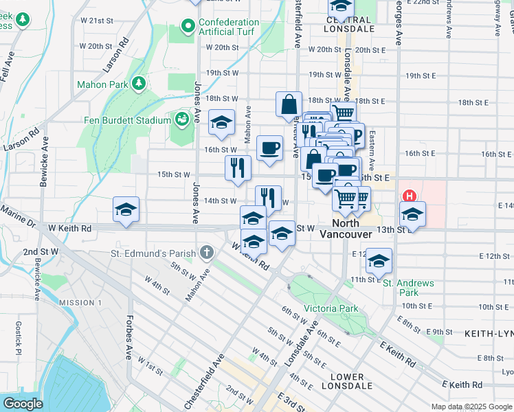 map of restaurants, bars, coffee shops, grocery stores, and more near 251 14th Street West in North Vancouver