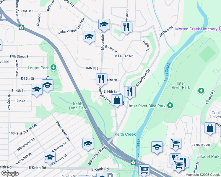map of restaurants, bars, coffee shops, grocery stores, and more near 1358 14th Street East in North Vancouver