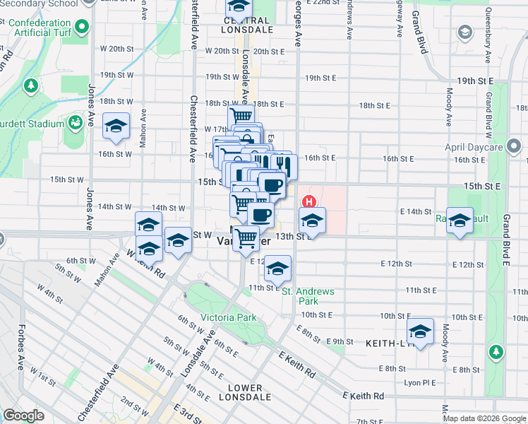 map of restaurants, bars, coffee shops, grocery stores, and more near 125 14th Street West in North Vancouver