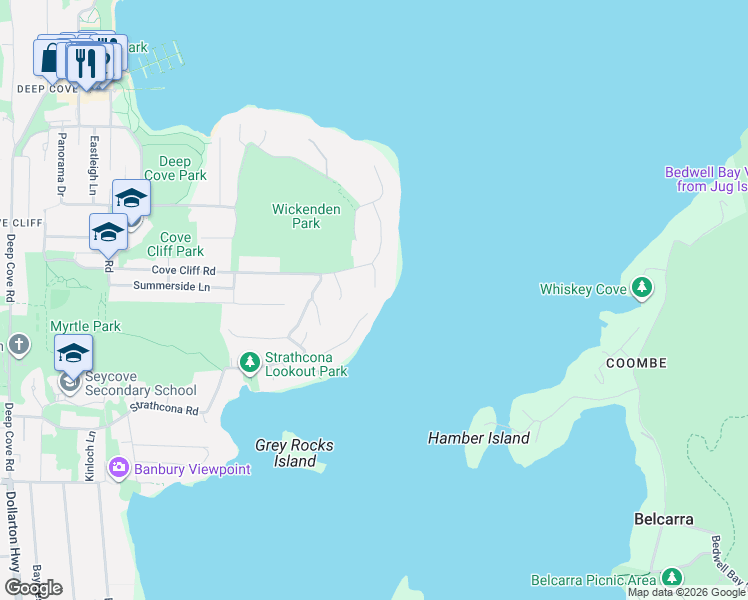 map of restaurants, bars, coffee shops, grocery stores, and more near 4885 Cove Cliff Place in North Vancouver