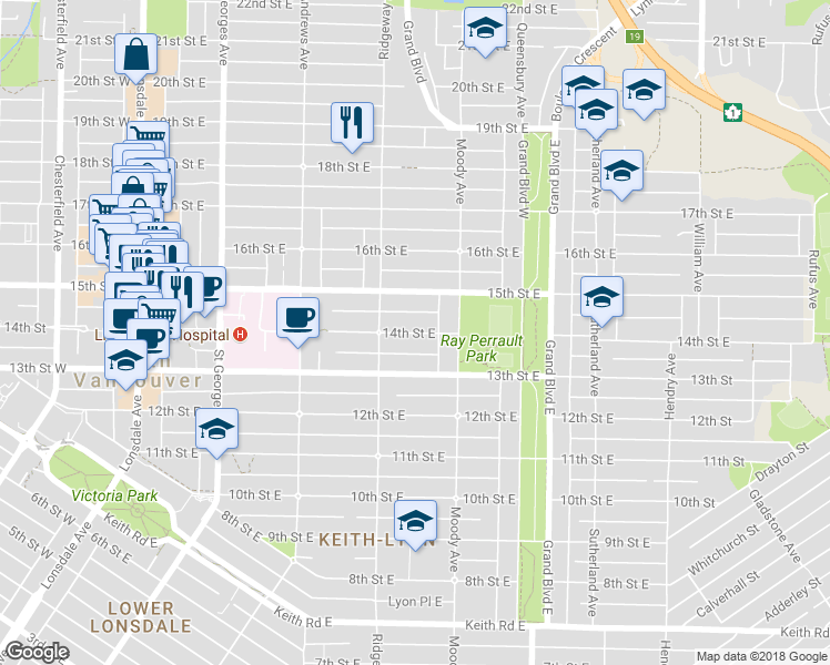 map of restaurants, bars, coffee shops, grocery stores, and more near 428 14th Street East in North Vancouver