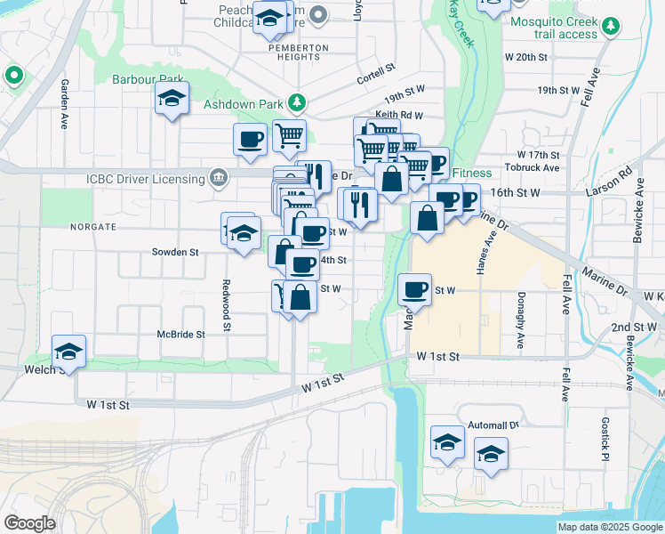 map of restaurants, bars, coffee shops, grocery stores, and more near 1171 West 14th Street in North Vancouver