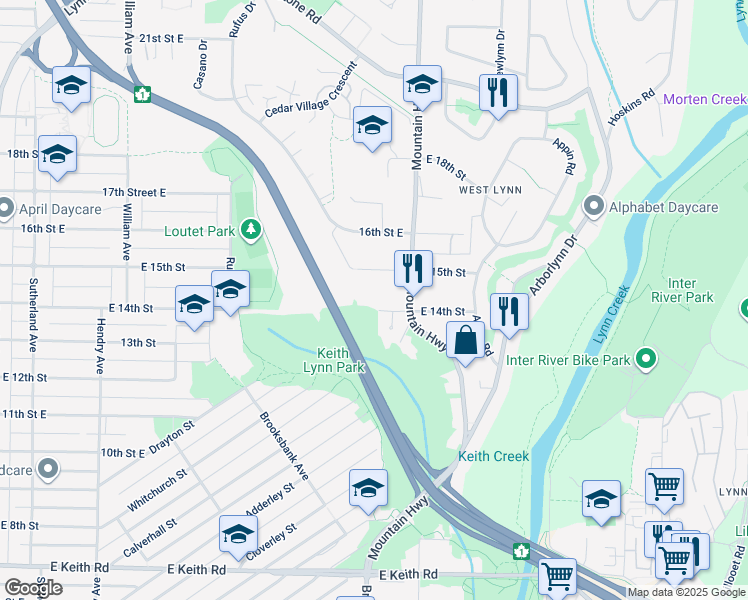 map of restaurants, bars, coffee shops, grocery stores, and more near 1224 East 14th Street in North Vancouver