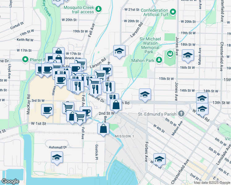 map of restaurants, bars, coffee shops, grocery stores, and more near 651 14th Street West in North Vancouver