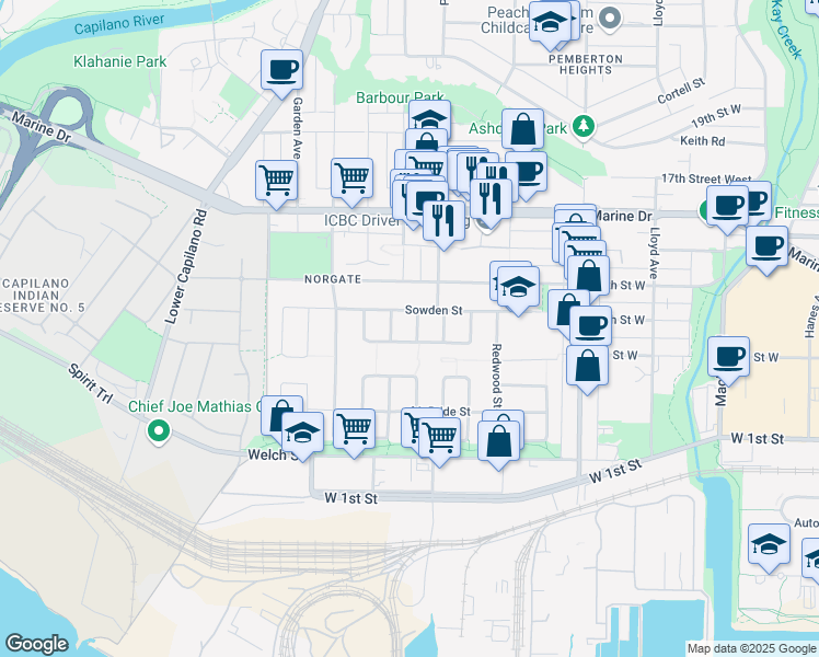 map of restaurants, bars, coffee shops, grocery stores, and more near 1319 Cottonwood Crescent in North Vancouver