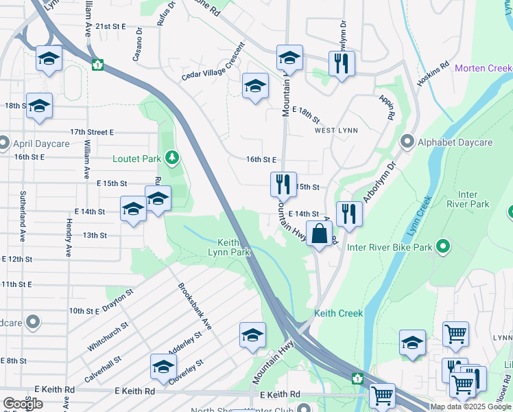 map of restaurants, bars, coffee shops, grocery stores, and more near 1224 East 14th Street in North Vancouver