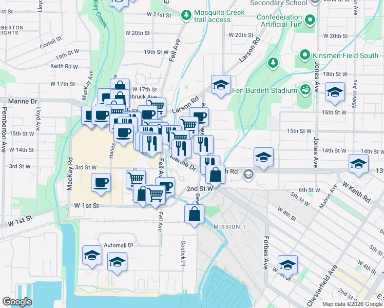 map of restaurants, bars, coffee shops, grocery stores, and more near 711 14th Street West in North Vancouver