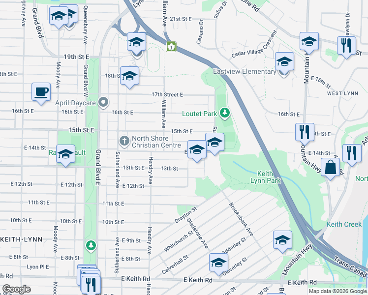 map of restaurants, bars, coffee shops, grocery stores, and more near 840 East 14th Street in North Vancouver