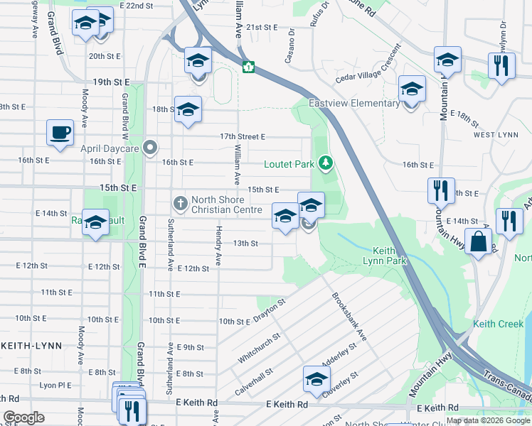 map of restaurants, bars, coffee shops, grocery stores, and more near 838 East 14th Street in North Vancouver