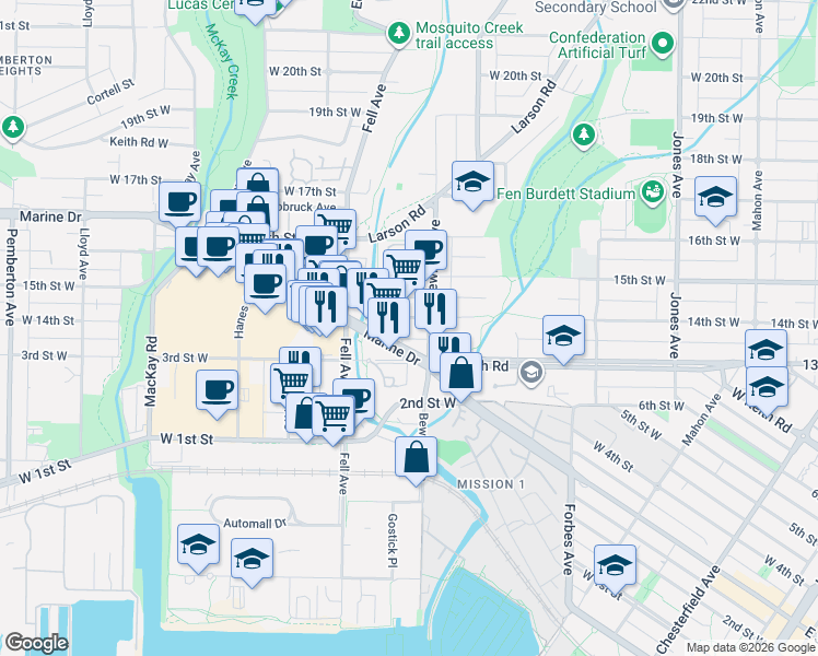 map of restaurants, bars, coffee shops, grocery stores, and more near 711 14th Street West in North Vancouver
