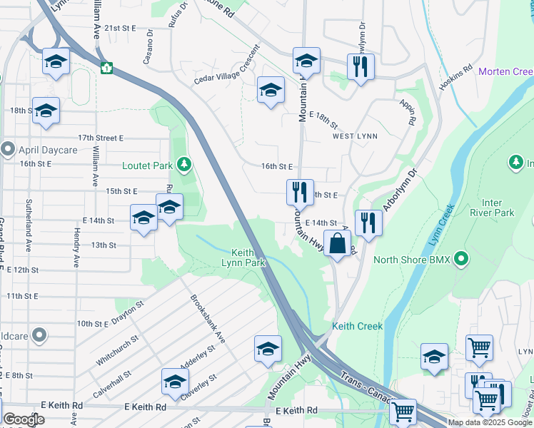 map of restaurants, bars, coffee shops, grocery stores, and more near 1220 14th Street East in North Vancouver