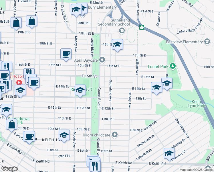 map of restaurants, bars, coffee shops, grocery stores, and more near 624 14th Street East in North Vancouver