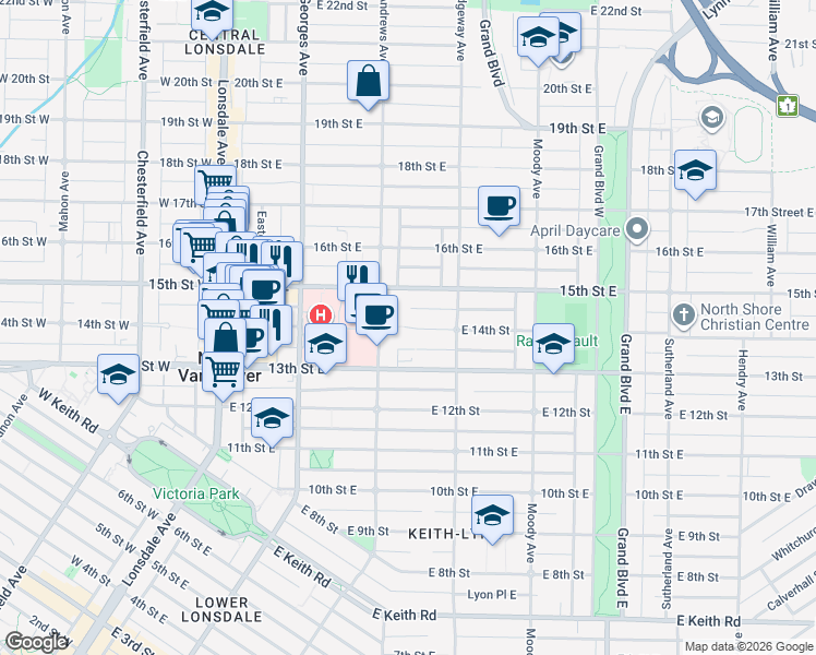 map of restaurants, bars, coffee shops, grocery stores, and more near 310 14th Street East in North Vancouver