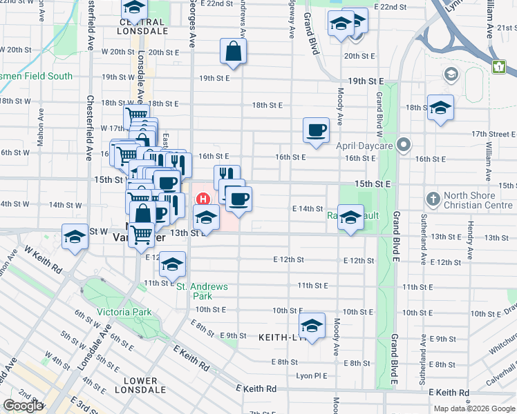 map of restaurants, bars, coffee shops, grocery stores, and more near 310 14th Street East in North Vancouver