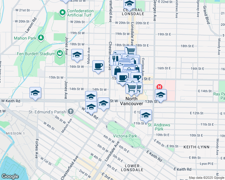 map of restaurants, bars, coffee shops, grocery stores, and more near in North Vancouver