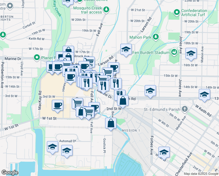 map of restaurants, bars, coffee shops, grocery stores, and more near in North Vancouver