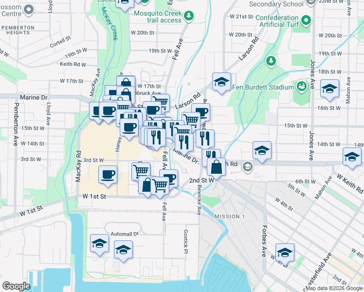 map of restaurants, bars, coffee shops, grocery stores, and more near 733 14th Street West in North Vancouver