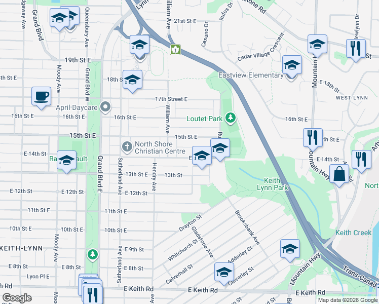 map of restaurants, bars, coffee shops, grocery stores, and more near 840 East 14th Avenue in Vancouver