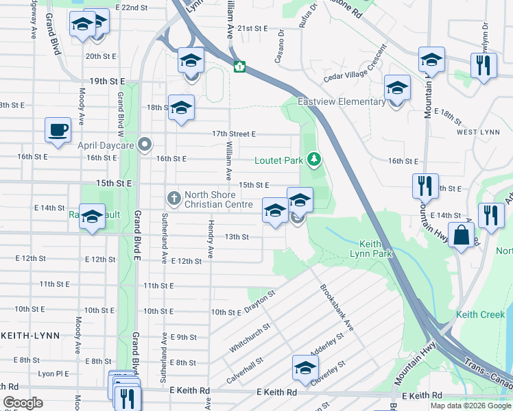 map of restaurants, bars, coffee shops, grocery stores, and more near 838 14th Street East in North Vancouver