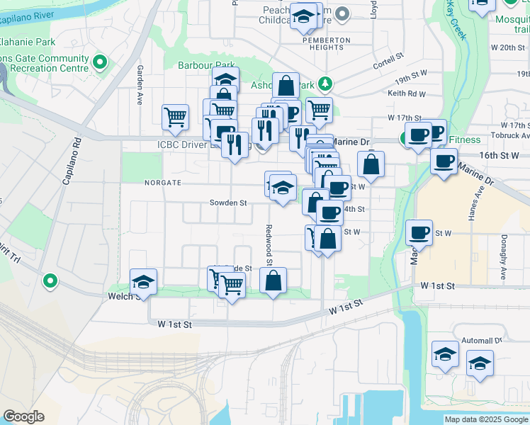 map of restaurants, bars, coffee shops, grocery stores, and more near 1385 Redwood Street in North Vancouver