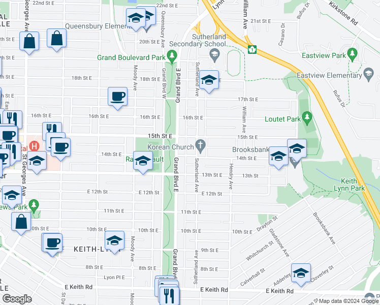 map of restaurants, bars, coffee shops, grocery stores, and more near 624 14th Street East in North Vancouver