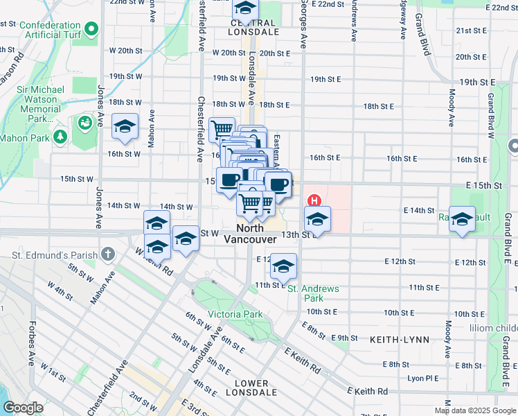 map of restaurants, bars, coffee shops, grocery stores, and more near 108 14th Street East in North Vancouver