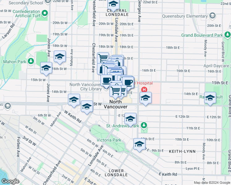 map of restaurants, bars, coffee shops, grocery stores, and more near 1402 14th Street East in North Vancouver