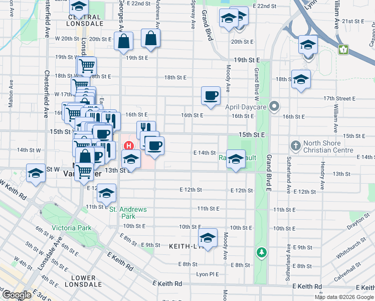 map of restaurants, bars, coffee shops, grocery stores, and more near 364 14th Street East in North Vancouver
