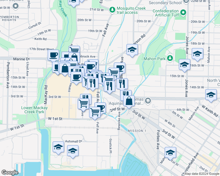 map of restaurants, bars, coffee shops, grocery stores, and more near 733 West 14th Street in North Vancouver