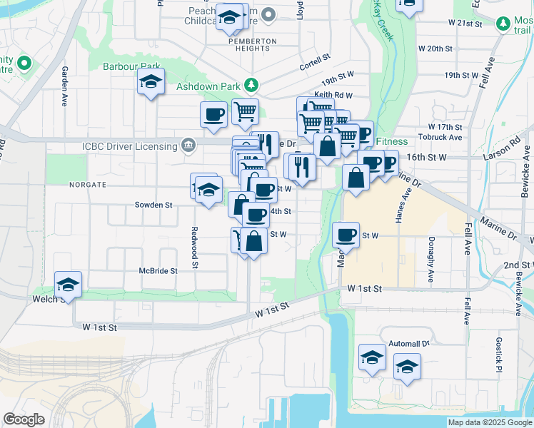 map of restaurants, bars, coffee shops, grocery stores, and more near 1171 West 14th Street in North Vancouver