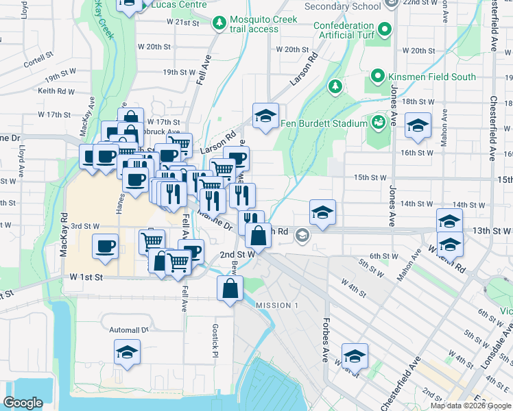 map of restaurants, bars, coffee shops, grocery stores, and more near 651 West 14 Street in North Vancouver